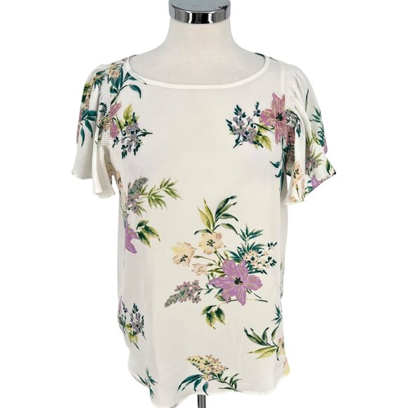 Zac & Rachel Floral Print Short Sleeve Blouse White Multicolor Size Small - Picture 1 of 12